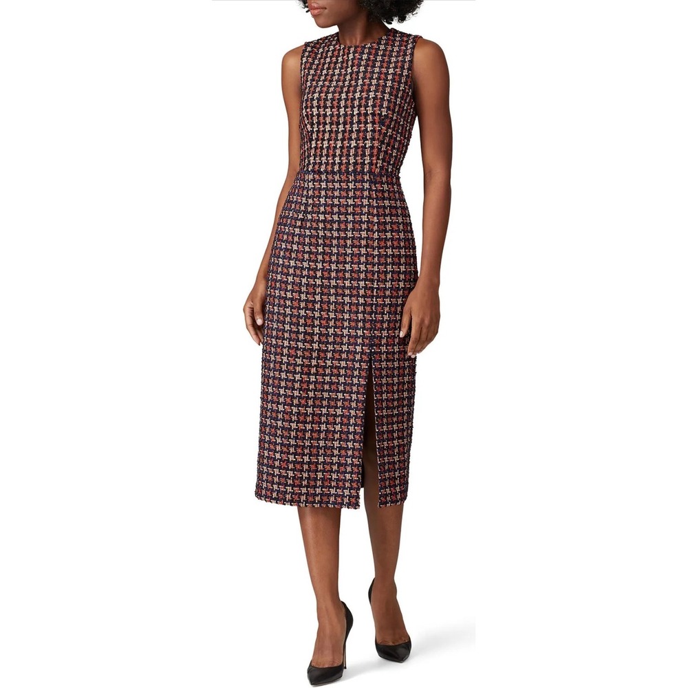 Jill Jill Stuart Tweed Midi Dress Women 2 Navy Red Gold Metallic Normcore NEW